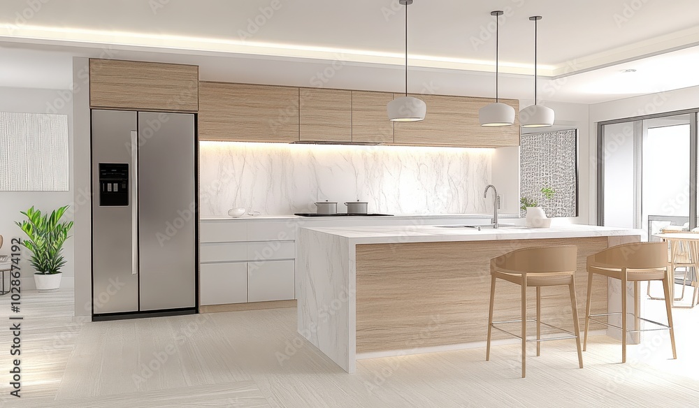 Bright, minimalist kitchen with a marble island, pendant lights, and wood accents. Bright, minimalist kitchen with a marble island, pendant lights, and wood accents.