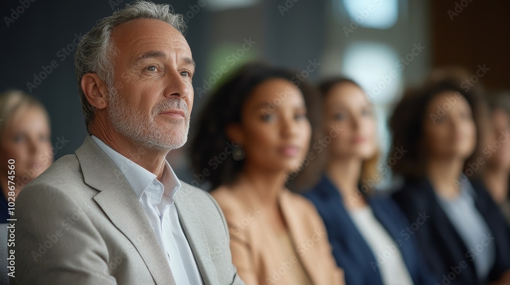 Businesspeople Looking At Businessman Giving Presentation, Generative AI Businesspeople Looking At Businessman Giving Presentation, Generative AI