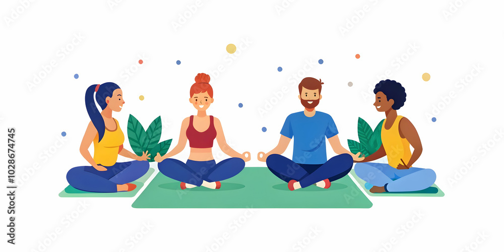 Candid shot of millennials relaxing and chatting post workout in a yoga class, perfect for wellness ads and fitness brands Candid shot of millennials relaxing and chatting post workout in a yoga class, perfect for wellness ads and fitness brands