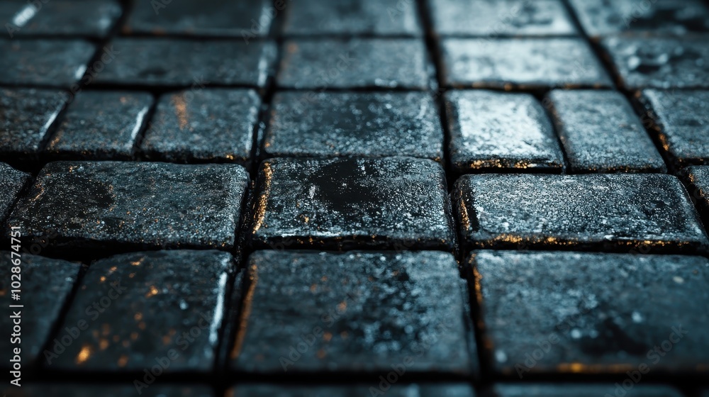 A captivating scene featuring black shiny cobblestones, wet and glistening with reflected light, capturing the essence of urban streets after rain. A captivating scene featuring black shiny cobblestones, wet and glistening with reflected light, capturing the essence of urban streets after rain.