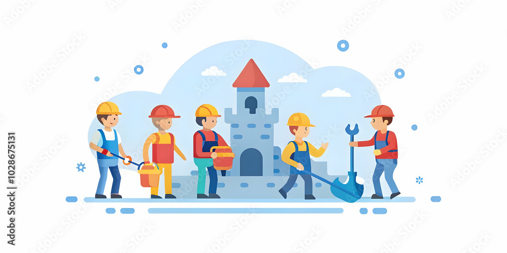 Children Building a Sandcastle: Constructive Fun at the Beach with Toy Tools, Teamwork, and Soft Abstract Background for Creative Stock Photography Children Building a Sandcastle: Constructive Fun at the Beach with Toy Tools, Teamwork, and Soft Abstract Background for Creative Stock Photography