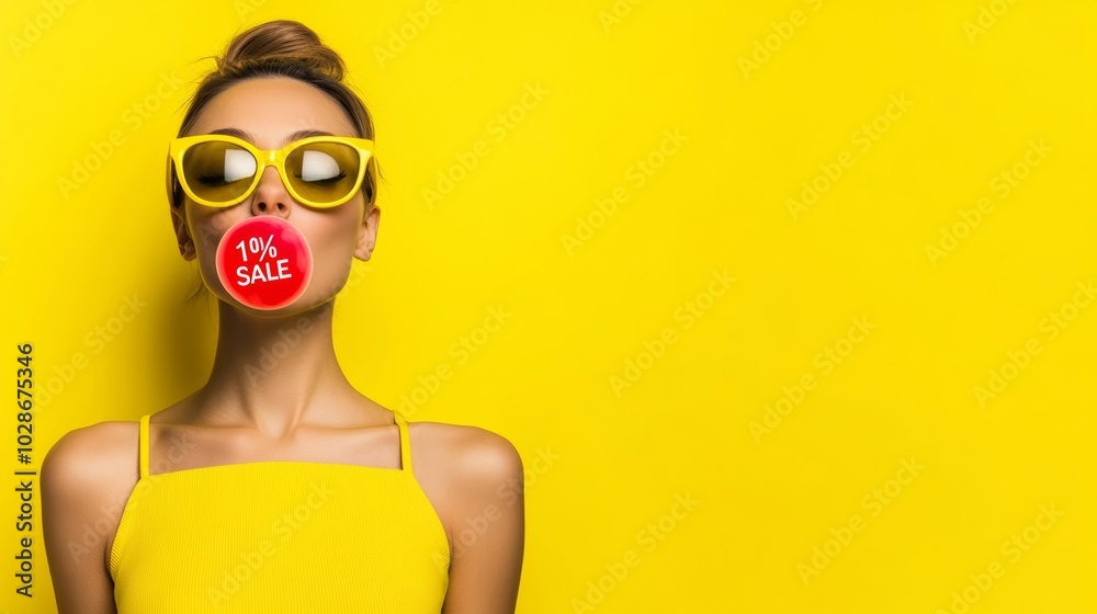 Woman in a yellow dress is blowing bubbles with a red 1percent sale sign on it. Concept of fun and playfulness, young woman against a bright yellow background. She's wearing chic yellow sunglasses Woman in a yellow dress is blowing bubbles with a red 1percent sale sign on it. Concept of fun and playfulness, young woman against a bright yellow background. She's wearing chic yellow sunglasses