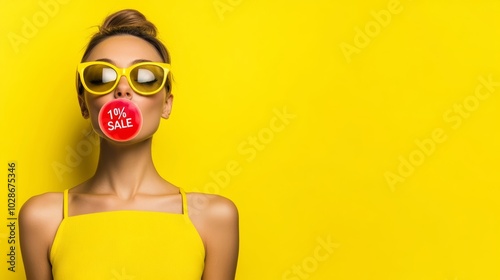 Woman in a yellow dress is blowing bubbles with a red 1percent sale sign on it. Concept of fun and playfulness, young woman against a bright yellow background. She's wearing chic yellow sunglasses photo