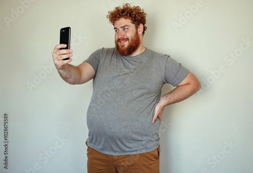 Obese young male with curly ginger hair and beard holding mobile phone, posing for selfie, looking at camera with flirty smile while his fat belly hanging out of grey shrunk t-shirt and jeans pants