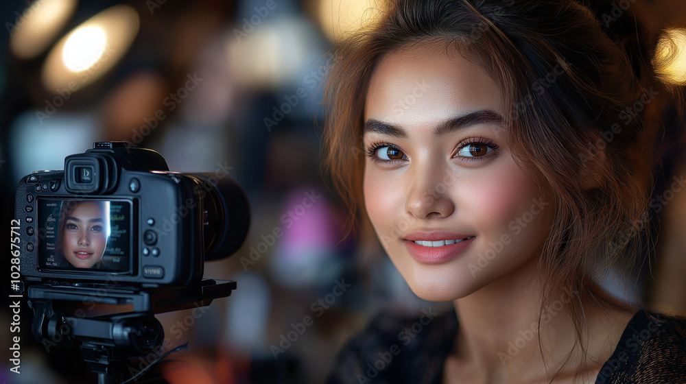 A beautiful young woman blogger or influencer records video on camera for her blog. Online broadcasting, blogging concept A beautiful young woman blogger or influencer records video on camera for her blog. Online broadcasting, blogging concept