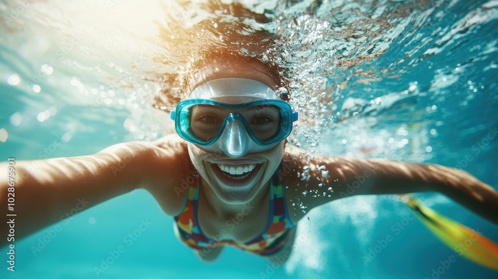 Naklejka premium A young woman takes a joyful selfie underwater wearing goggles, reflecting pure happiness and the exhilarating experience of exploring the aquatic wonders beneath.