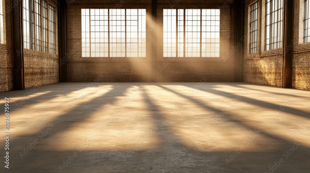 Spacious industrial room with sunlight and shadows. Factory floor. Spacious industrial room with sunlight and shadows. Factory floor.