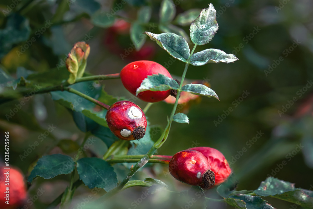 Ripe red dog rose berries on bush infected with powdery mildew, fungal disease on the leaves. Powdery mildew infection, with ripe red berries. Fungal disease
