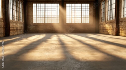 Spacious industrial room with sunlight and shadows. Factory floor.