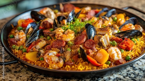 A Close-Up of a Savory Spanish Paella Dish with Seafood, Sausage, and Vegetables photo