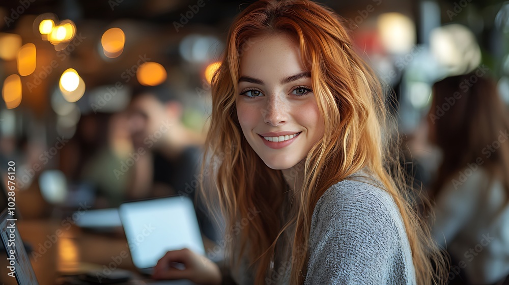 A young woman with long red hair smiles at the camera while sitting in a cafe with a laptop in front of her. A young woman with long red hair smiles at the camera while sitting in a cafe with a laptop in front of her.