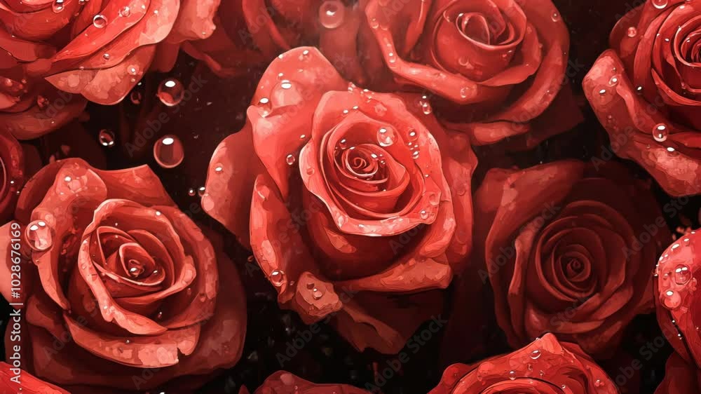Red roses covered in dewdrops after a summer rain Red roses covered in dewdrops after a summer rain