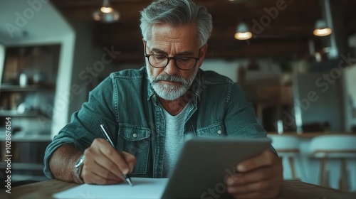 An older man with gray hair and a beard, wearing a casual outfit, writes on a notepad while referencing a tablet, set in a modern kitchen environment.