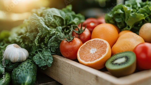 A colorful assortment of fresh vegetables and fruits includes oranges, kiwi, tomatoes, garlic, and greens displayed beautifully together in a wooden tray.