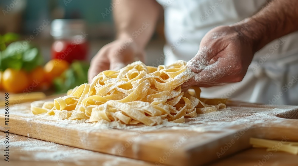 A skilled chef diligently prepares homemade pasta from scratch, dusting flour over the wooden board, creating a warm and inviting culinary scene in the kitchen. A skilled chef diligently prepares homemade pasta from scratch, dusting flour over the wooden board, creating a warm and inviting culinary scene in the kitchen.