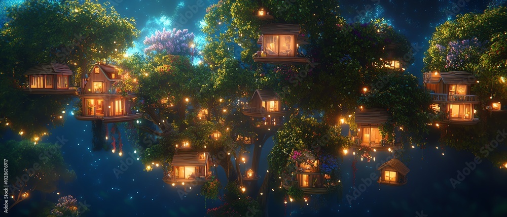Worms-eye view of enchanted trees, sustainable homes nestled in foliage, vibrant colors and ethereal atmosphere, magical realism