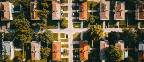 Top-down view of a well-organized suburban block, highlighting the symmetry and order of residential life.