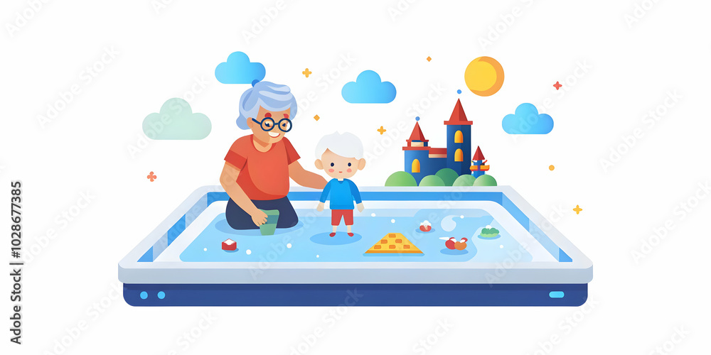 Close-up of Futuristic Augmented Reality Sandbox with Child and Grandmother Creating Interactive Virtual Landscapes Together - Macro Shot of High-Tech AR Play Concept Close-up of Futuristic Augmented Reality Sandbox with Child and Grandmother Creating Interactive Virtual Landscapes Together - Macro Shot of High-Tech AR Play Concept