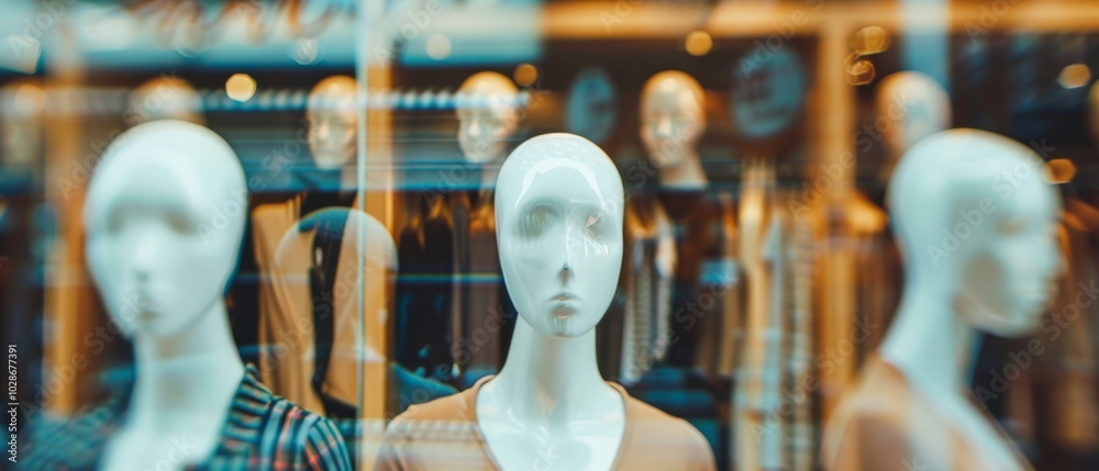 Mannequins behind a store window display, with reflections creating an intriguing and surreal shopping atmosphere. Mannequins behind a store window display, with reflections creating an intriguing and surreal shopping atmosphere.