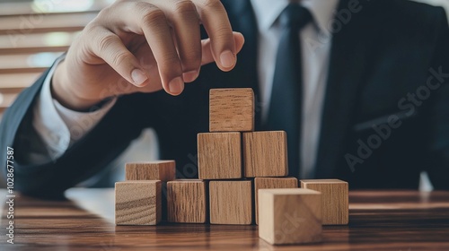 Asian business man hand put wooden blocks arranging stacking for development as step stair, Concept of growth and success plan.