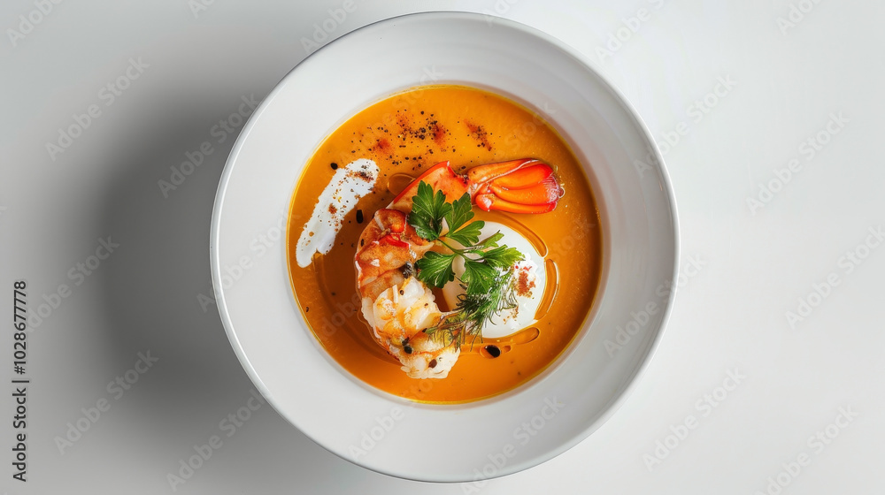 Isolated on White Background: Lobster bisque with smoked paprika and coconut milk foam, centered against a clean white background, highlighting Isolated on White Background: Lobster bisque with smoked paprika and coconut milk foam, centered against a clean white background, highlighting
