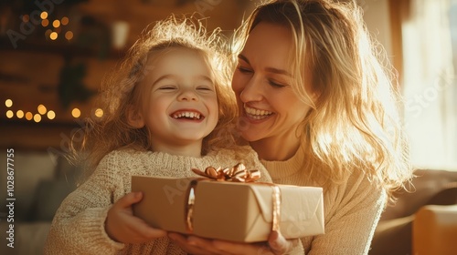 A tender scene of a mother joyfully smiling with her little child as they open a festively wrapped gift, creating a warm and heartwarming family moment. photo