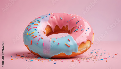 Pink donuts with colored sprinkles on a white background