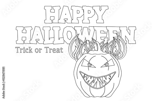 A fun Halloween-themed coloring page featuring a scary jack-o-lantern with fiery details and bold Happy Halloween text. Great for kids.