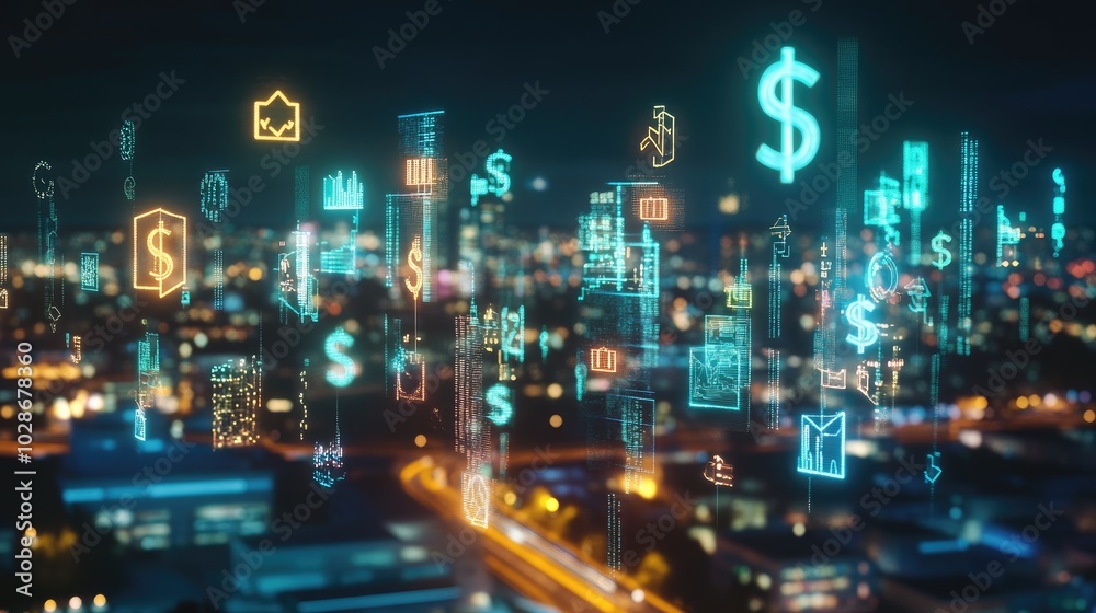 Dynamic 3D Landscape with Floating Currency Symbols Dynamic 3D Landscape with Floating Currency Symbols