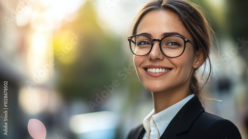 Smiling young businesswoman in suit and glasses on street near office