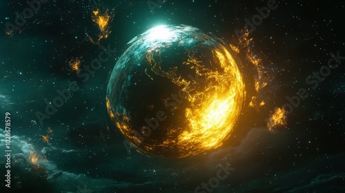 A glowing orb floating in a dark void, with reality fracturing around it, creating fragmented worlds and alternate dimensions emerging from its surface