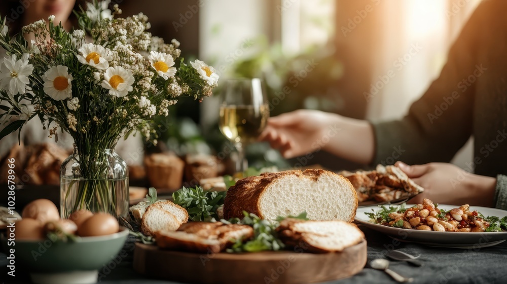 A warm and inviting dining table setup featuring a loaf of bread, deliciously plated beans, a glass of wine, and a vase of daisies bathed in sunlight. A warm and inviting dining table setup featuring a loaf of bread, deliciously plated beans, a glass of wine, and a vase of daisies bathed in sunlight.