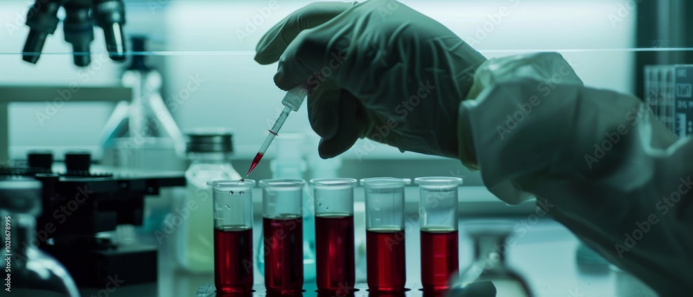 In a dim laboratory, a gloved hand skillfully handles a pipette, filling test tubes with red liquid under precise conditions for scientific research.