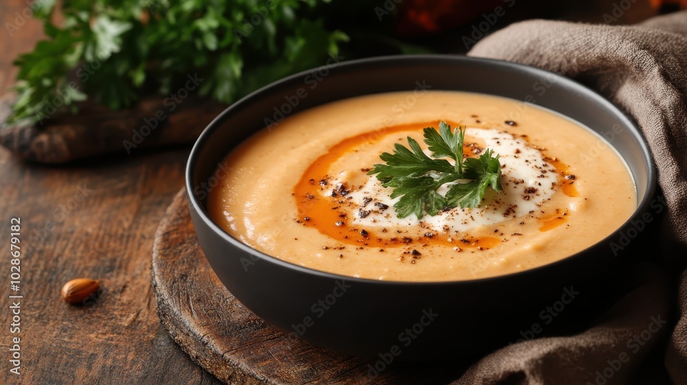 A gourmet dish showcasing a bowl of creamy soup, artfully adorned with a swirl of sauce and fresh herbs, exuding excellent culinary craftsmanship and flavor. A gourmet dish showcasing a bowl of creamy soup, artfully adorned with a swirl of sauce and fresh herbs, exuding excellent culinary craftsmanship and flavor.