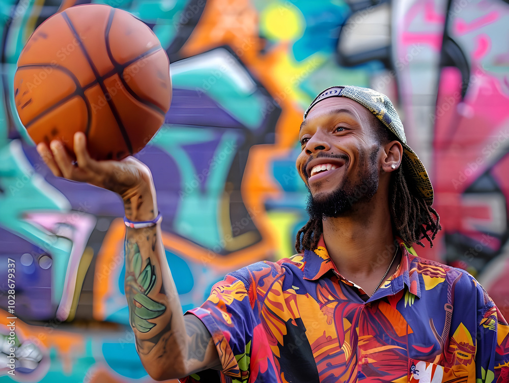 A joyful basketball player spinning a ball, standing in front of a colorful graffiti wall, capturing urban street style and energy. A joyful basketball player spinning a ball, standing in front of a colorful graffiti wall, capturing urban street style and energy.