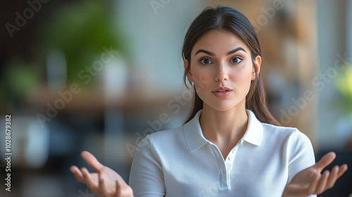 Young businesswoman giving speech and gesturing with hands in office space