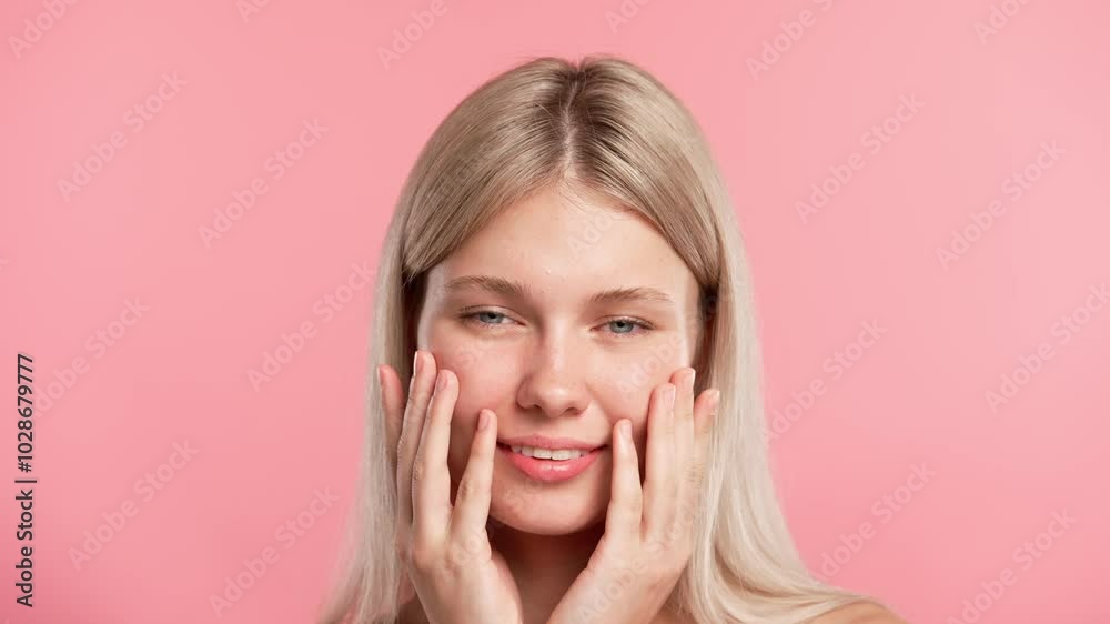 Young blonde woman posing at camera, looks playfully smiling and touches skin, isolated on pink studio background. Beauty skin care concept Young blonde woman posing at camera, looks playfully smiling and touches skin, isolated on pink studio background. Beauty skin care concept