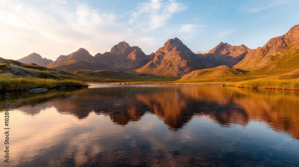 A breathtaking view of majestic mountains reflected perfectly in a clear, calm lake at sunset. The picturesque scene exudes serenity and natural beauty. A breathtaking view of majestic mountains reflected perfectly in a clear, calm lake at sunset. The picturesque scene exudes serenity and natural beauty.