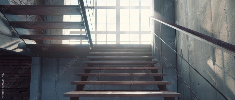 Sunlight streams through industrial windows onto wooden stairs in a minimalist architectural space.