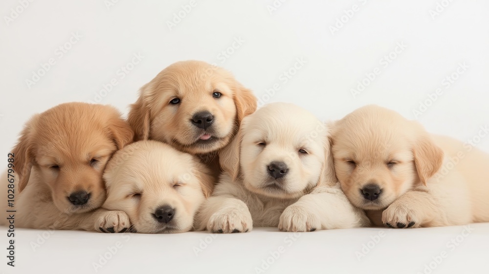 Five puppies lie on soft bedding, with some smiling cheerfully. Their soft fur and closed eyes give a sense of pure bliss and tranquility. Five puppies lie on soft bedding, with some smiling cheerfully. Their soft fur and closed eyes give a sense of pure bliss and tranquility.