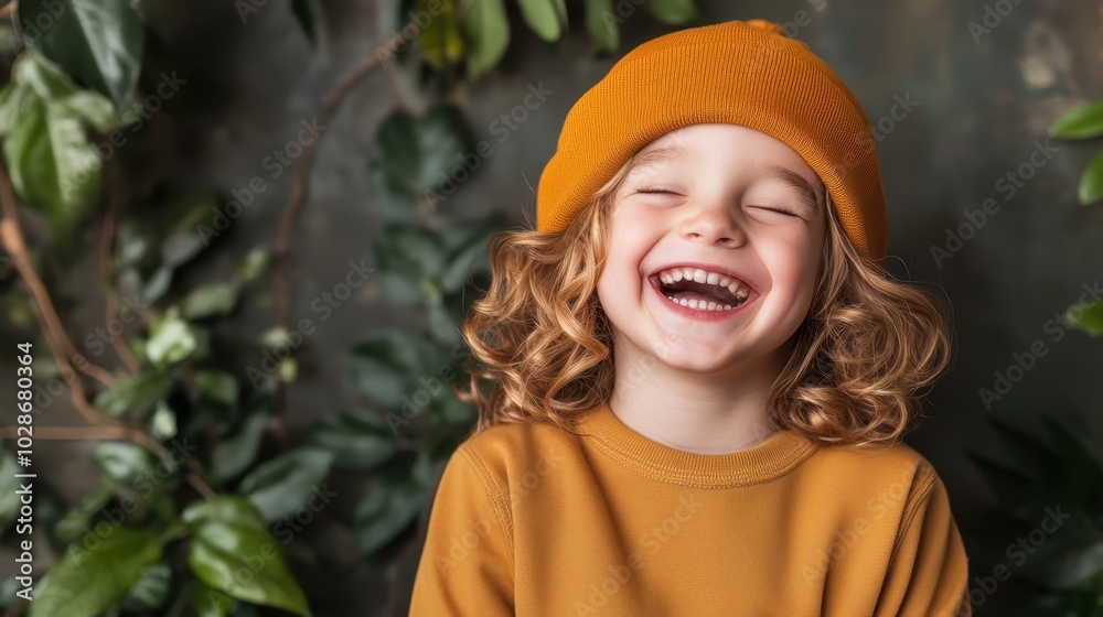 A young child with curly hair, wearing a knitted mustard hat, is captured in a moment of joyful laughter amidst a backdrop of lush green plants in an indoor setting. A young child with curly hair, wearing a knitted mustard hat, is captured in a moment of joyful laughter amidst a backdrop of lush green plants in an indoor setting.