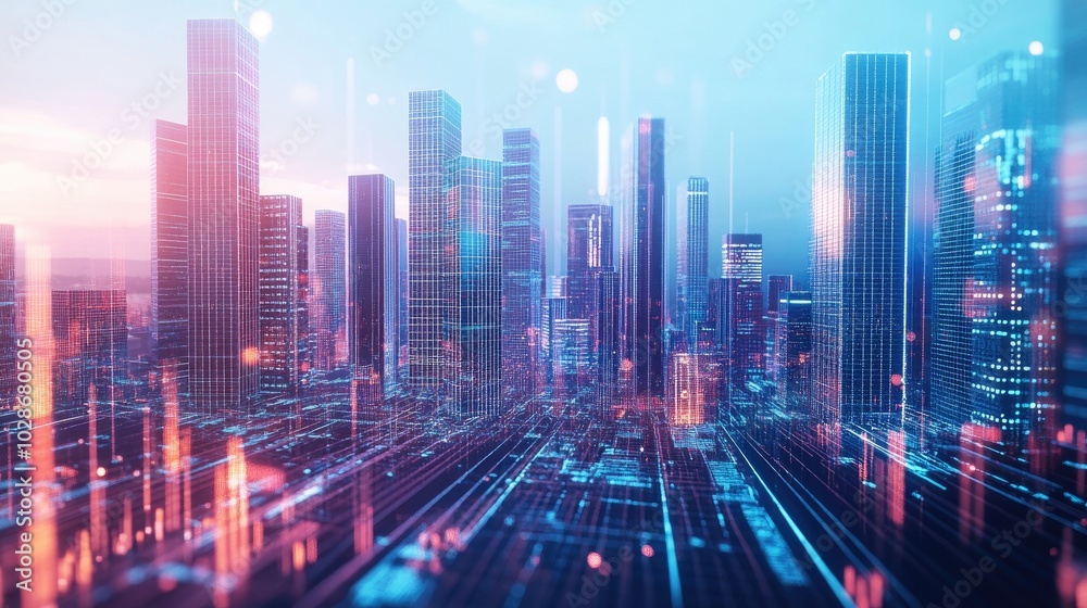 Futuristic 3D Cityscape with Financial Elements Futuristic 3D Cityscape with Financial Elements