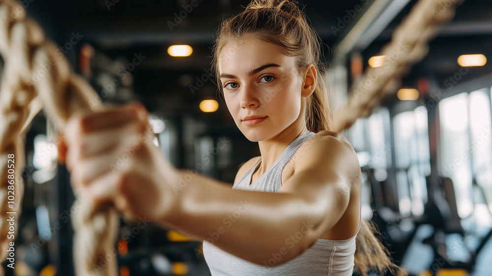 Naklejka premium Młoda kobieta w sportowym stroju z energią ciągnie linę podczas intensywnego treningu na siłowni.