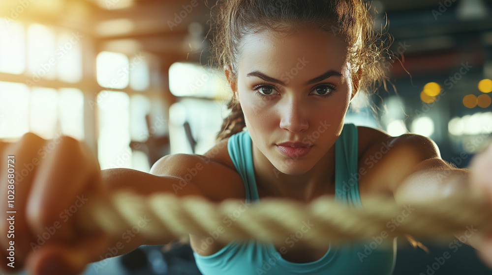 Naklejka premium Młoda kobieta w sportowym stroju z energią ciągnie linę podczas intensywnego treningu na siłowni.