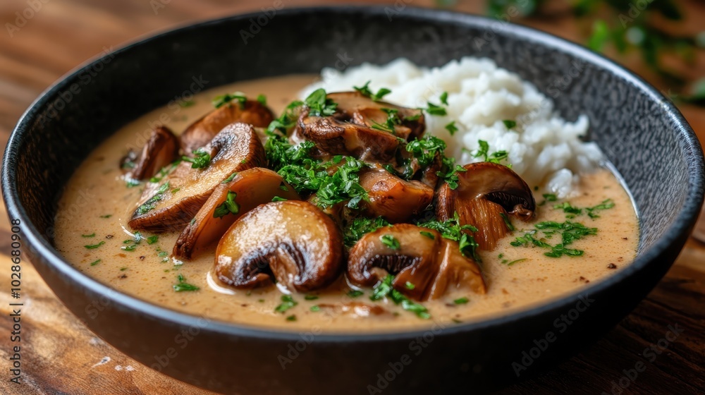 A rich mushroom stew with vibrant herbs and fluffy rice served in a dark ceramic bowl, showcasing a hearty meal perfect for cozy, comforting dining experiences.