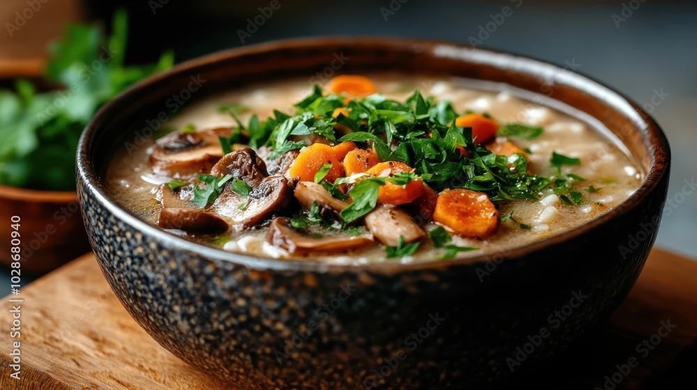 A delicious stew featuring mushrooms and carrots, topped with fresh herbs in a textured brown bowl, offering a perfect blend of flavors for hearty dining experiences. A delicious stew featuring mushrooms and carrots, topped with fresh herbs in a textured brown bowl, offering a perfect blend of flavors for hearty dining experiences.