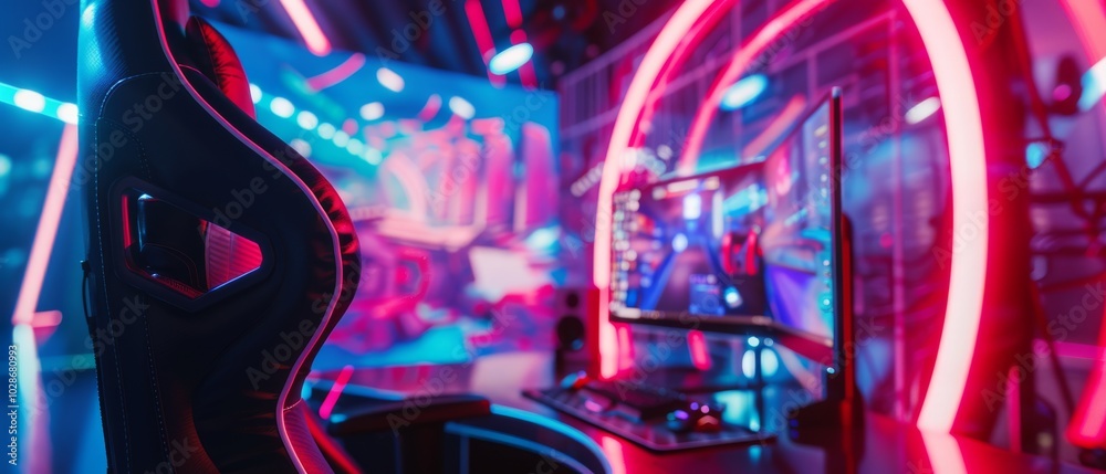A vibrant gaming setup with neon lights illuminating a sleek chair and monitor, creating an electric atmosphere for immersive play. A vibrant gaming setup with neon lights illuminating a sleek chair and monitor, creating an electric atmosphere for immersive play.