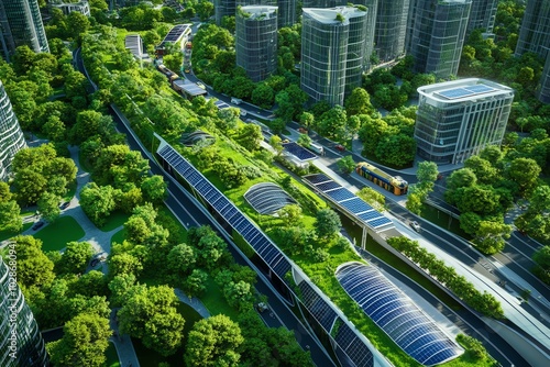 4 Aerial view of a green cityscape with treecovered parks, solarpowered public transit stations, and ecofriendly buildings photo