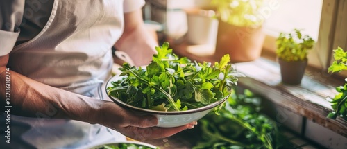 Sunlight streams through a window as hands gently cradle a bowl of fresh, vibrant green herbs, emanating a sense of natural abundance and care.