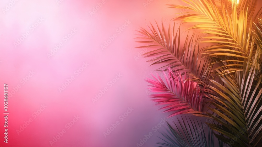 A composition of tropical palm leaves cast in warm sunset hues, creating a dreamy and tropical atmosphere against a smooth gradient background.